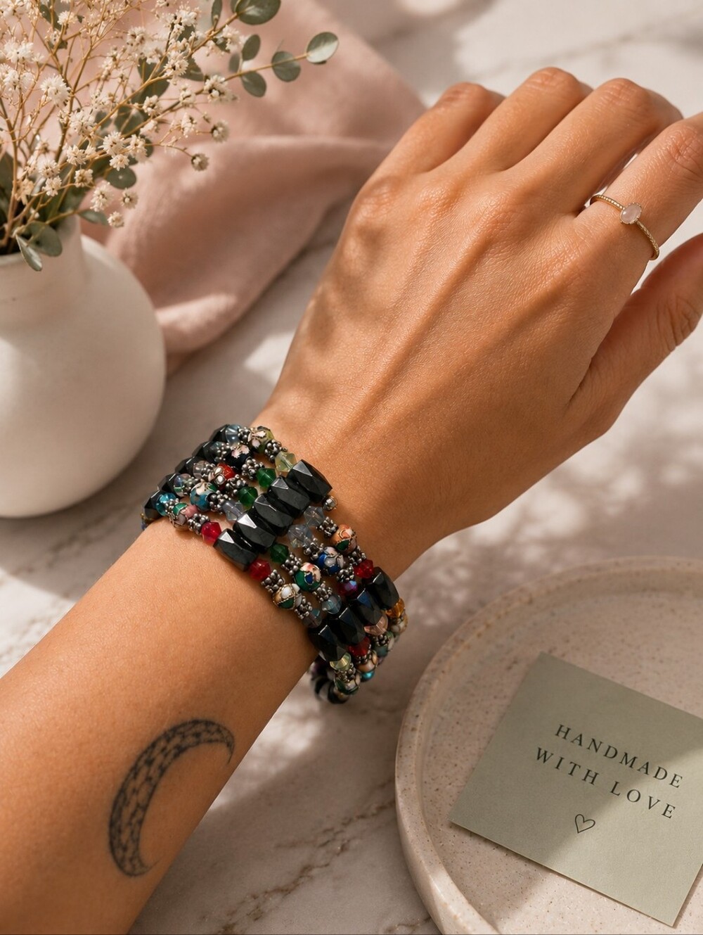 Vintage Bohemian Multi-Strand Cloisonné & Hematite Beaded Bracelet | 1990s